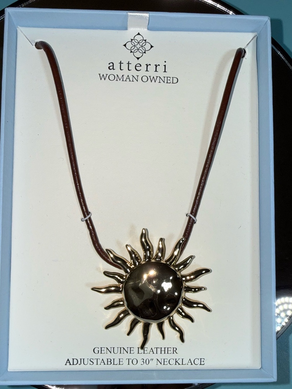 Atterri Gold Sun Pendant Necklace with Brown Leather Cord